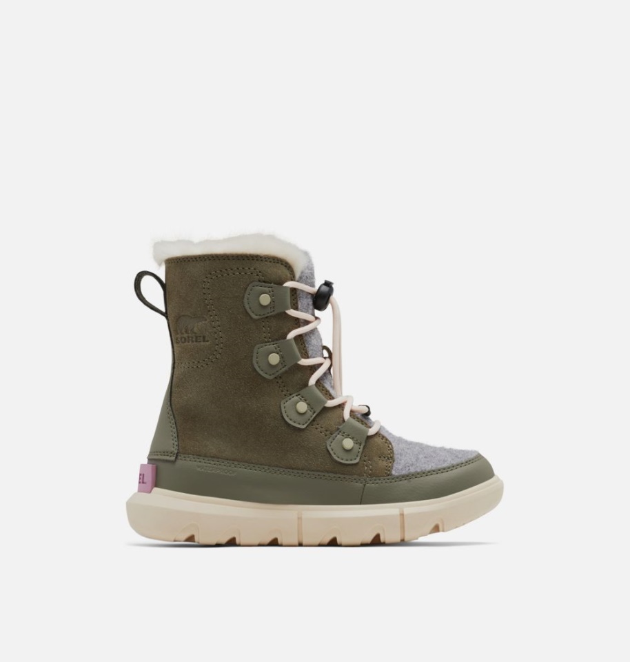 Stone Green-White Peach Sorel Youth Explorer Lace Boot